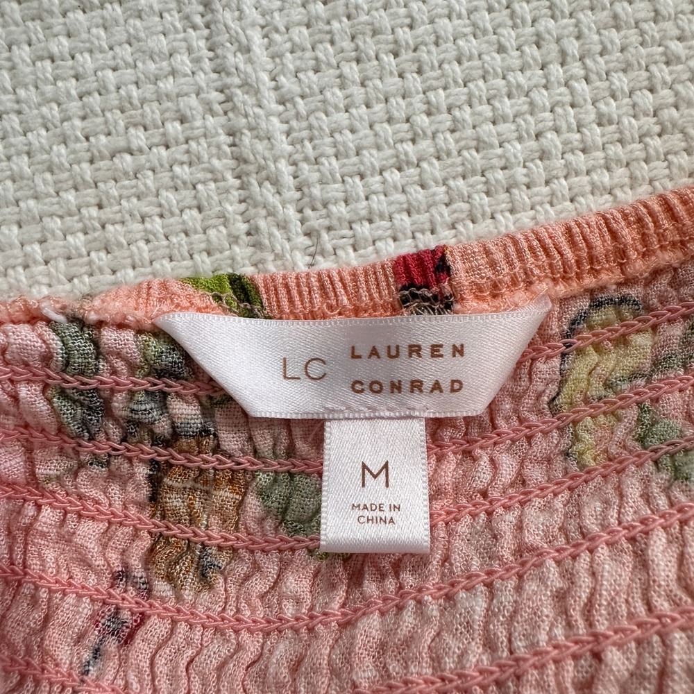 Fruit Print Linen Blend Midi Dress LC Lauren Conrad Peach Pink M Cottage Picnic - Picture 7 of 9